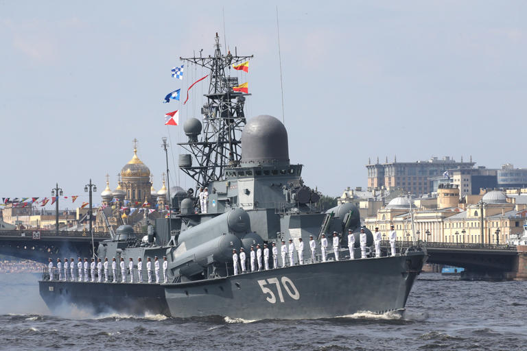 Karakurt-class corvette "Sovetsk" arrives to the Navy Day Parade on July 28, 2019 in Central Saint Petersburg, Russia. Russia has likely moved two of its missile-armed corvettes away from the Black Sea as Ukrainian strikes pose a "continued danger" to Moscow's forces around Crimea, according to a new assessment.