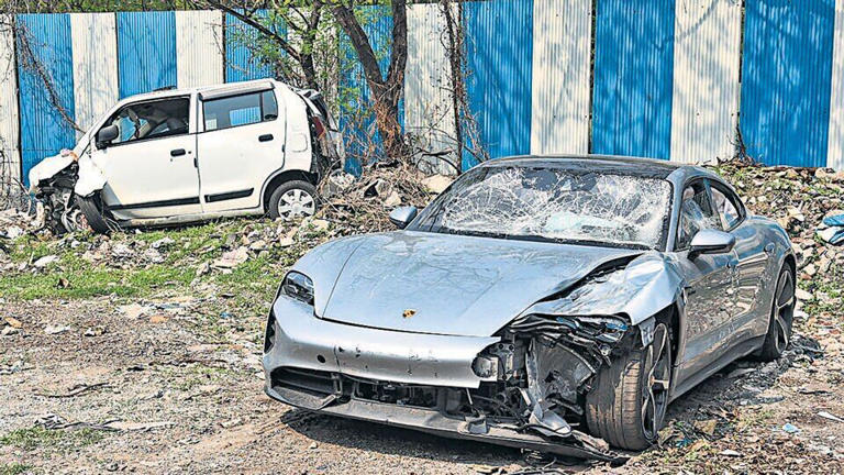 Pune: The Porsche car found without number plate, in Pune, Tuesday, May 21, 2024. The car was allegedly driven by a 17-year-old boy who knocked down two motorbike riders on Sunday, causing their death in Kalyani Nagar of Pune city, as the police claim. (PTI Photo)