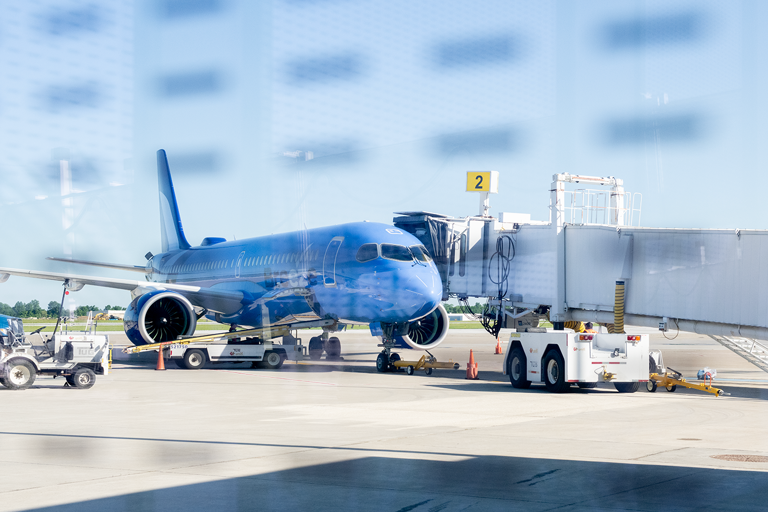 The Breeze Airways prepares to depart for the direct flight to Los Angeles from the Akron-Canton Airport in Green on Thursday, May 23.
