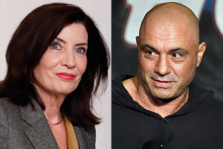 From left: New York Governor Kathy Hochul is pictured on February 28, 2024 in New York City; comedian and broadcaster Joe Rogan is seen on November 1, 2017 in Pasadena, California. Rogan has criticized Hochul over comments she made about Black children living in New York City.