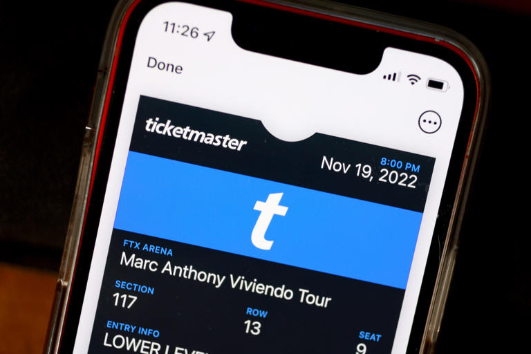 In this photo illustration, A Ticketmaster ticket is shown on a cellphone on November 18, 2022 in Miami, Florida.