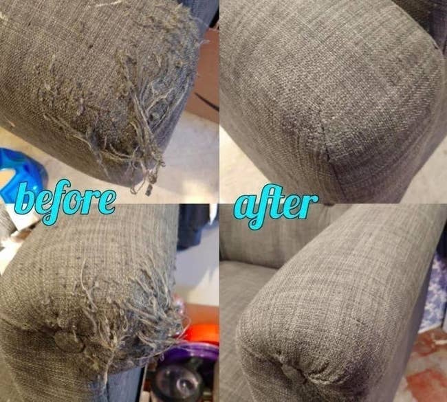On the left, the arm of a reviewer's couch with fabric pilling on it, and on the right, the same arm of the couch but the defuzzer got rid of the pilling