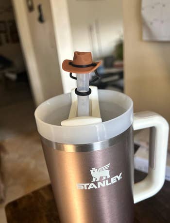brown cowboy hat straw topper on a Stanley cup