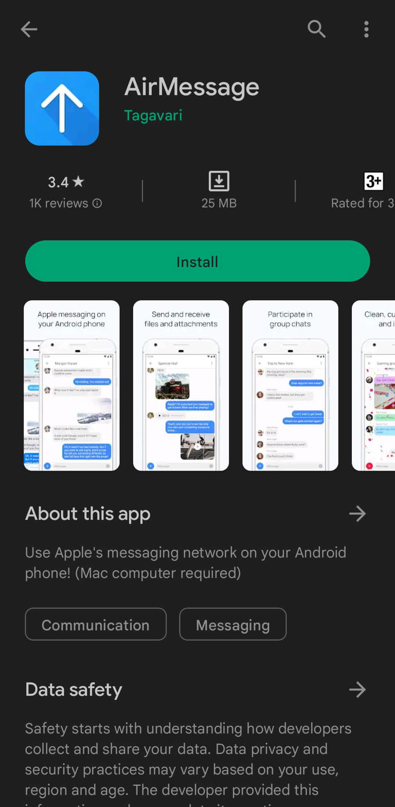 A screenshot of the AirMessage info page on Google Play Store.