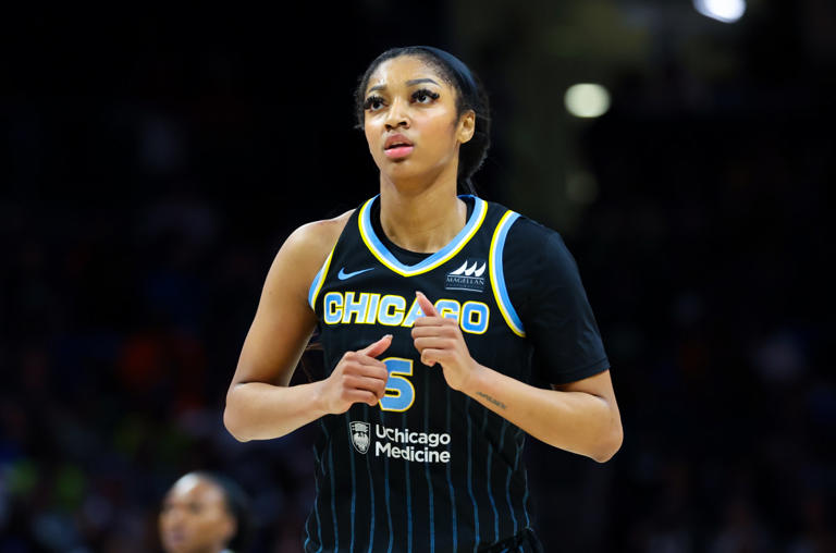 Chicago Sky forward Angel Reese (5) reacts during the second half against the Dallas Wings at College Park Center. Kevin Jairaj / USA TODAY Sports
