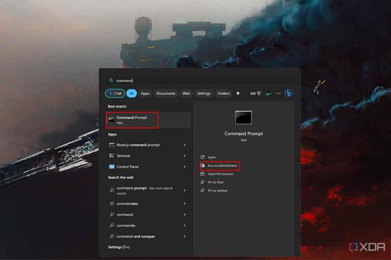 Windows 11 screenshot that shows a search for Command Prompt in Start Menu while highlighting the Run as administrator option.