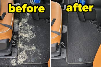 before and after images of a messy sandy car interior vacuumed clean again