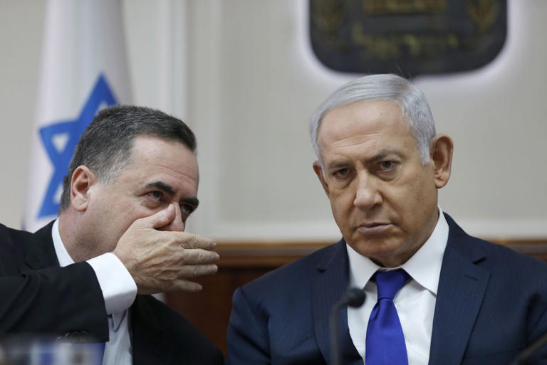 Israeli Foreign Minister Israel Katz (L) on Friday said that Israel would sever ties between its Spanish consulate and Palestinians in response to a senior Spanish minister's use of the phrase "From the river to the sea." File Pool
