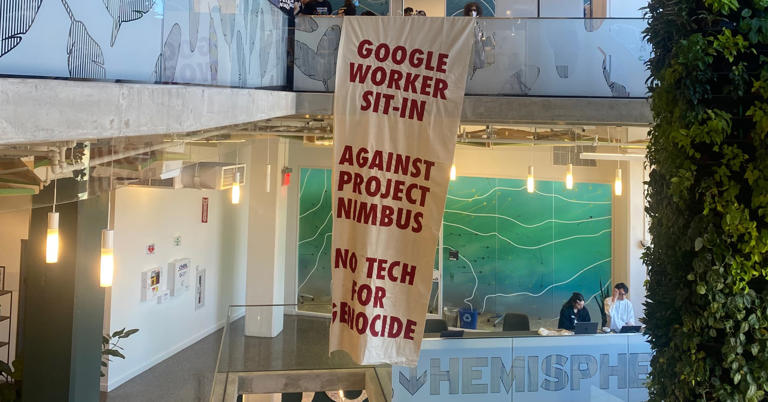 Google employees protest No Tech For Apartheid in Sunnyvale, New York on April 17th, 2024.