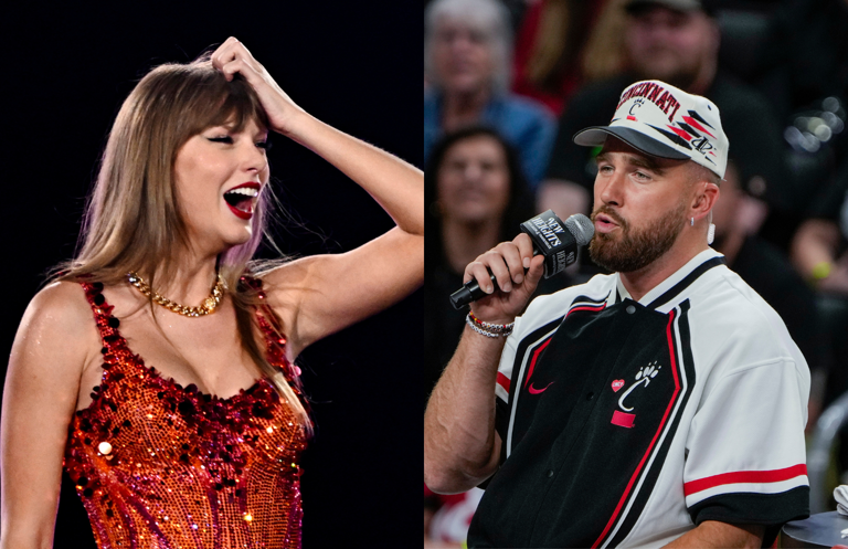 Pop superstar Taylor Swift, left, and NFL tight end Travis Kelce.