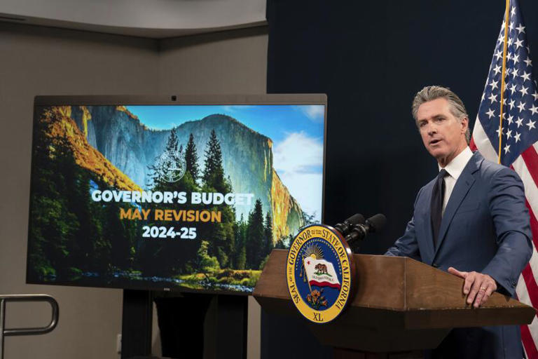 California Gov. Gavin Newsom unveils his revised 2024-25 state budget during a news conference in Sacramento on Friday. ((Rich Pedroncelli / Associated Press))