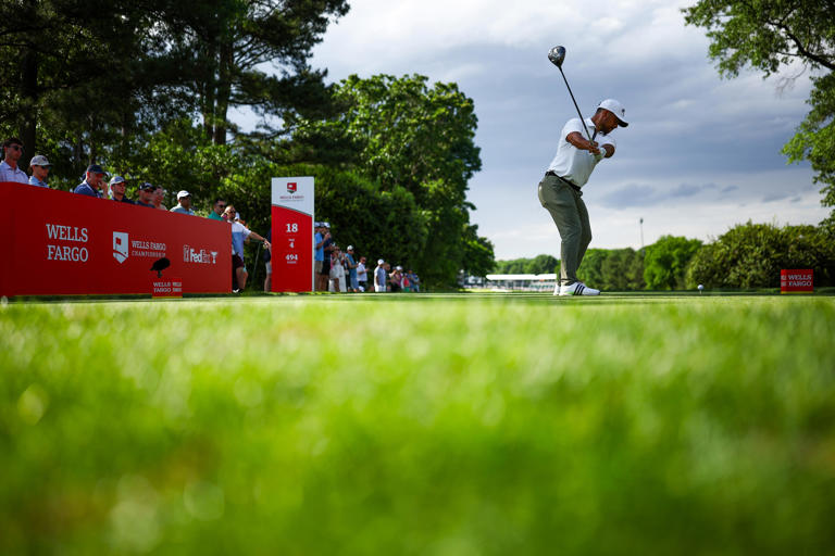 Xander Schauffele hits a tee shot on the 18th hole during the second round of the Wells Fargo Championship at Quail Hollow Country Club on May 10, 2024 in Charlotte, North Carolina. (Photo by Jared C. Tilton/Getty Images)