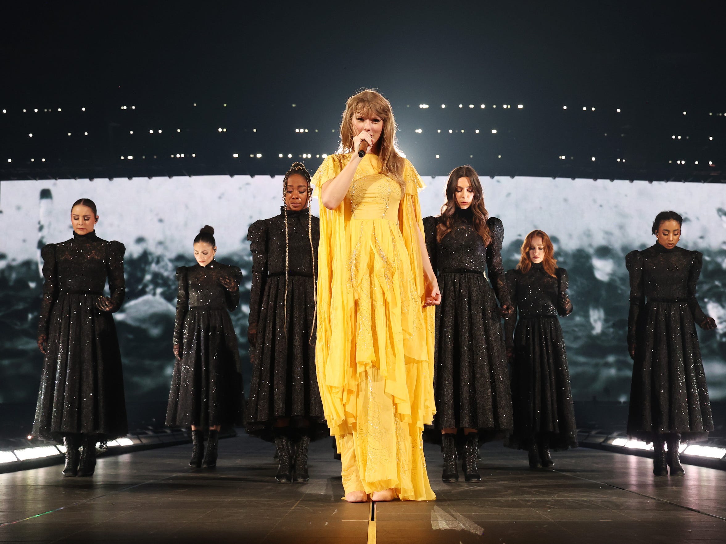 <p>The tiered and embroidered "<a href="https://www.businessinsider.com/taylor-swift-folklore-review-tracklist-breakdown-2020-7">Folklore</a>" outfits, custom-made by <a href="https://www.instagram.com/p/C6yaL_CMI0y/?hl=en&img_index=1" rel="noopener">Alberta Ferretti</a>, are almost always winners. The flowy style makes Swift look like a friendly witch, much like <a href="https://www.businessinsider.com/taylor-swift-features-songs-with-other-artists-2023-10">her recent collaborator Florence Welch</a>, which is a compliment.</p><p>However, this one doesn't suit the era's aesthetic one bit. The mismatch is especially glaring during "My Tears Ricochet," which is intended to resemble a funeral procession.</p><p>This dress was likely designed to evoke the fusion of "Folklore" and "Evermore" into one segment, which came with Swift's newly altered setlist for the European leg. But still, as we previously established, yellow is not Swift's color. It doesn't work.</p>