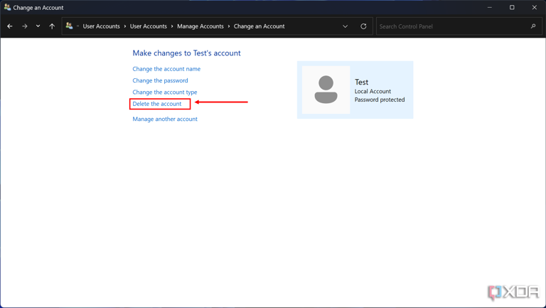 Screenshot of account management in Control panel with the Delete the account button hjighlighted