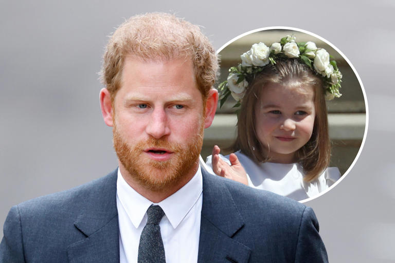 Prince Harry photographed in London, March 30, 2023. And (inset) Princess Charlotte photographed at the wedding of Prince Harry and Meghan Markle in Windsor, May 19, 2018. The princess' flower crown was the subject of a tabloid story discussed in Harry's memoir.