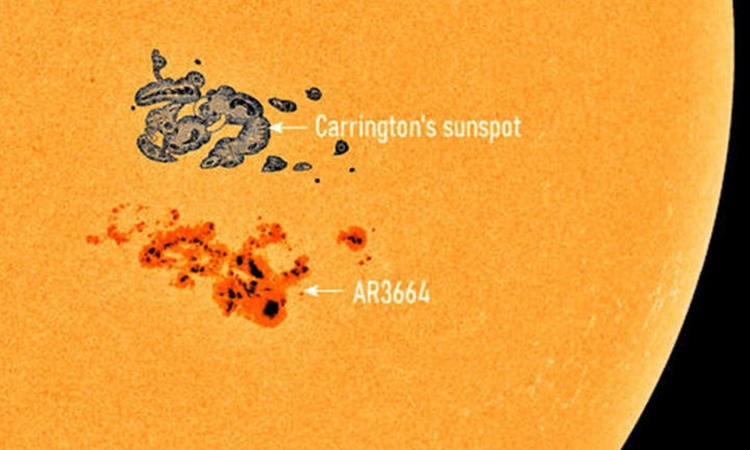 Cụm vết đen Mặt Trời AR3664 so với cụm vết đen gây ra Sự kiện Carrington năm 1859. Ảnh: NASA