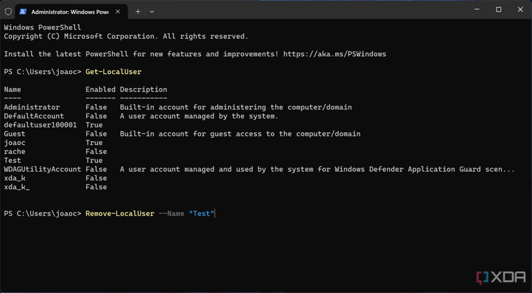 Screenshot of Windows Terminal displaying a list of users on a computer and a command to delete one of the users