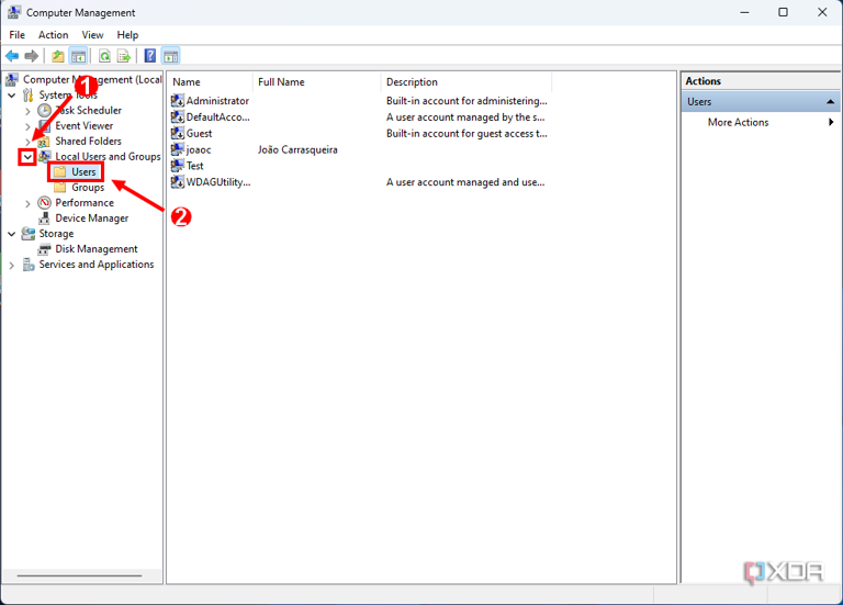 Screenshot of Computer management showing the steps for opening the Users folder