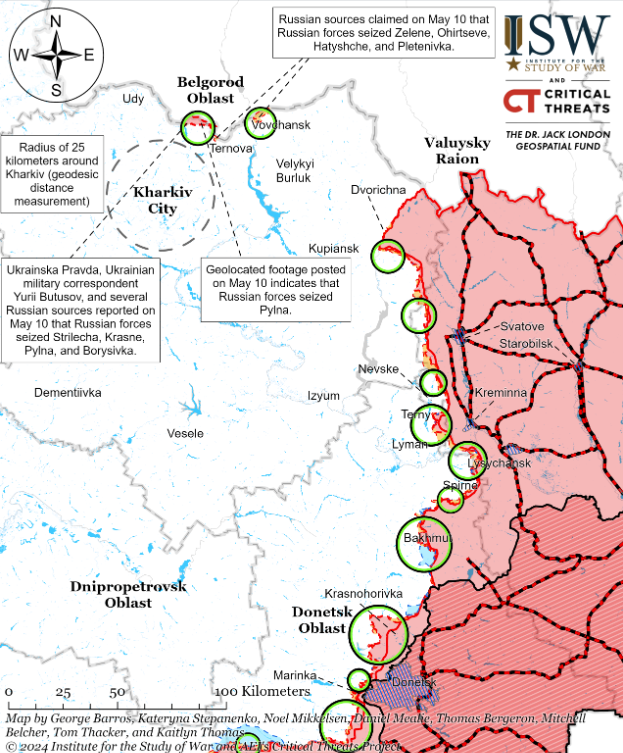 An Institute for the Study of War map showing Russian troops launched two offensives from Belgorod Oblast into Kharkhiv Oblast on Friday. Red areas on the map are under Russian control whilst circled regions saw heavy fighting on Friday. Institute for the Study of War