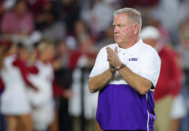TUSCALOOSA, ALABAMA - NOVEMBER 04: Head coach Brian Kelly of the LSU Tigers looks on prior to facing the Alabama Crimson Tide at Bryant-Denny Stadium on November 04, 2023 in Tuscaloosa, Alabama. (Photo by Kevin C. Cox/Getty Images)
