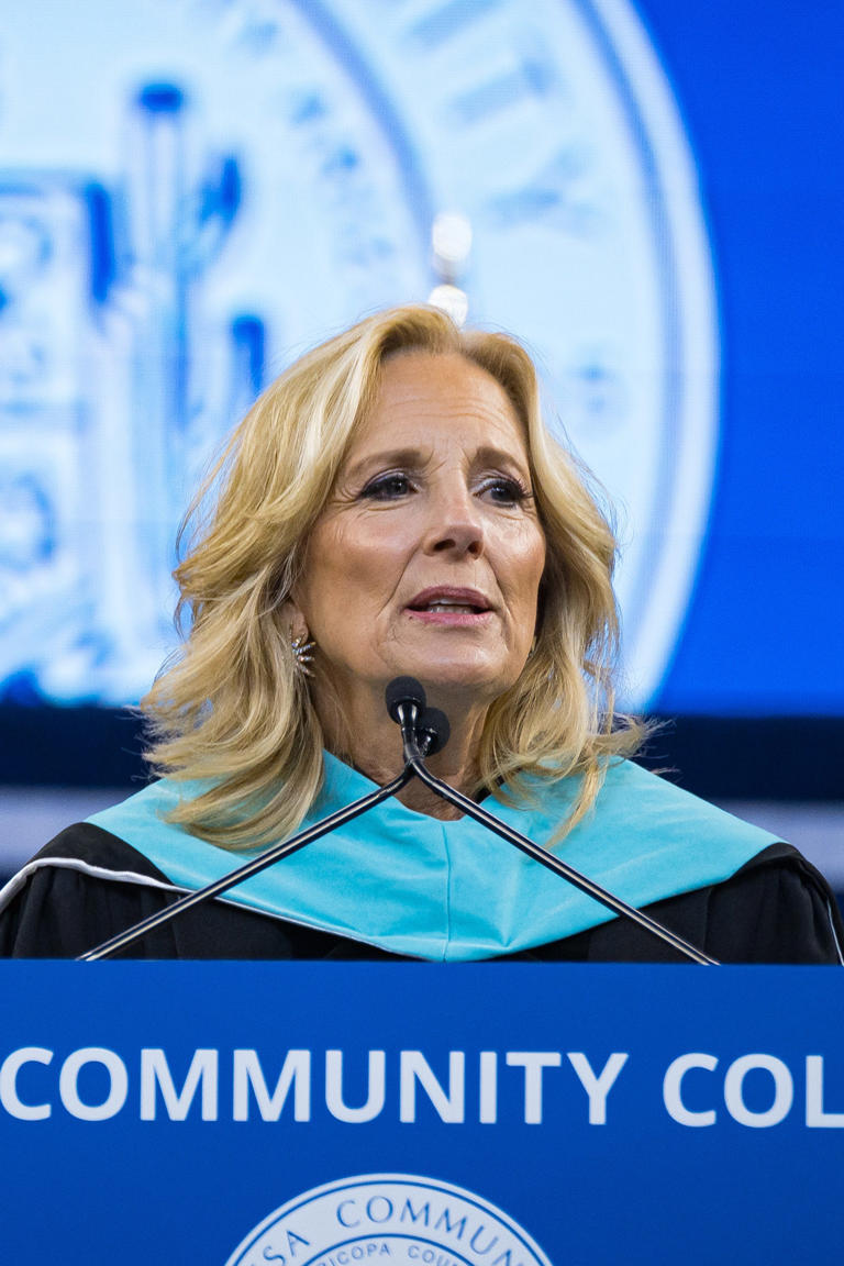 First Lady of the United States Dr. Jill Biden speaks at Mesa Community College’s commencement ceremony at Desert Financial Arena on May 11, 2024, in Tempe, Arizona.