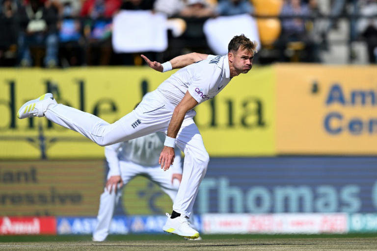 England's James Anderson delivers a ball during the fifth Test match between India and England in March
