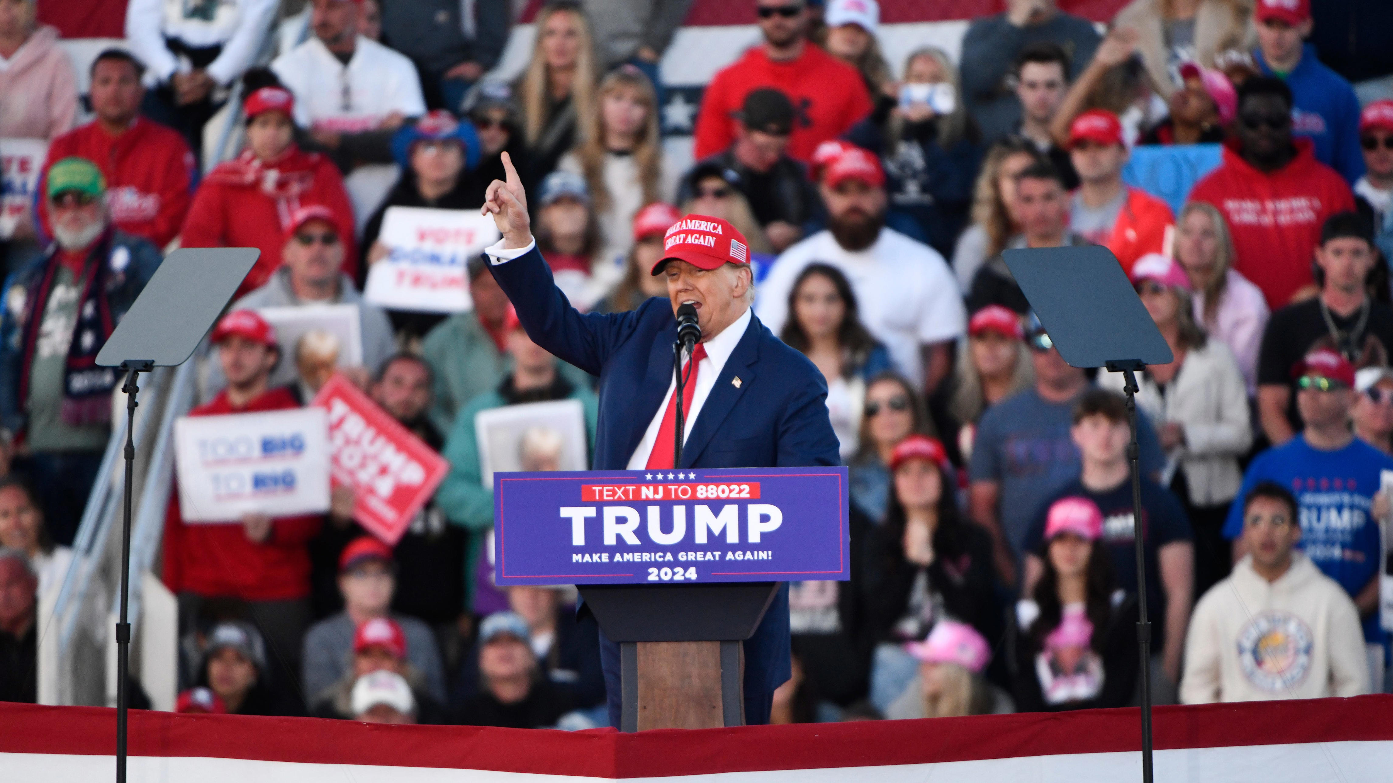 Donald Trump speaks as Trump holds a rally on the beach in Wildwood, NJ on Saturday, May 11, 2024.