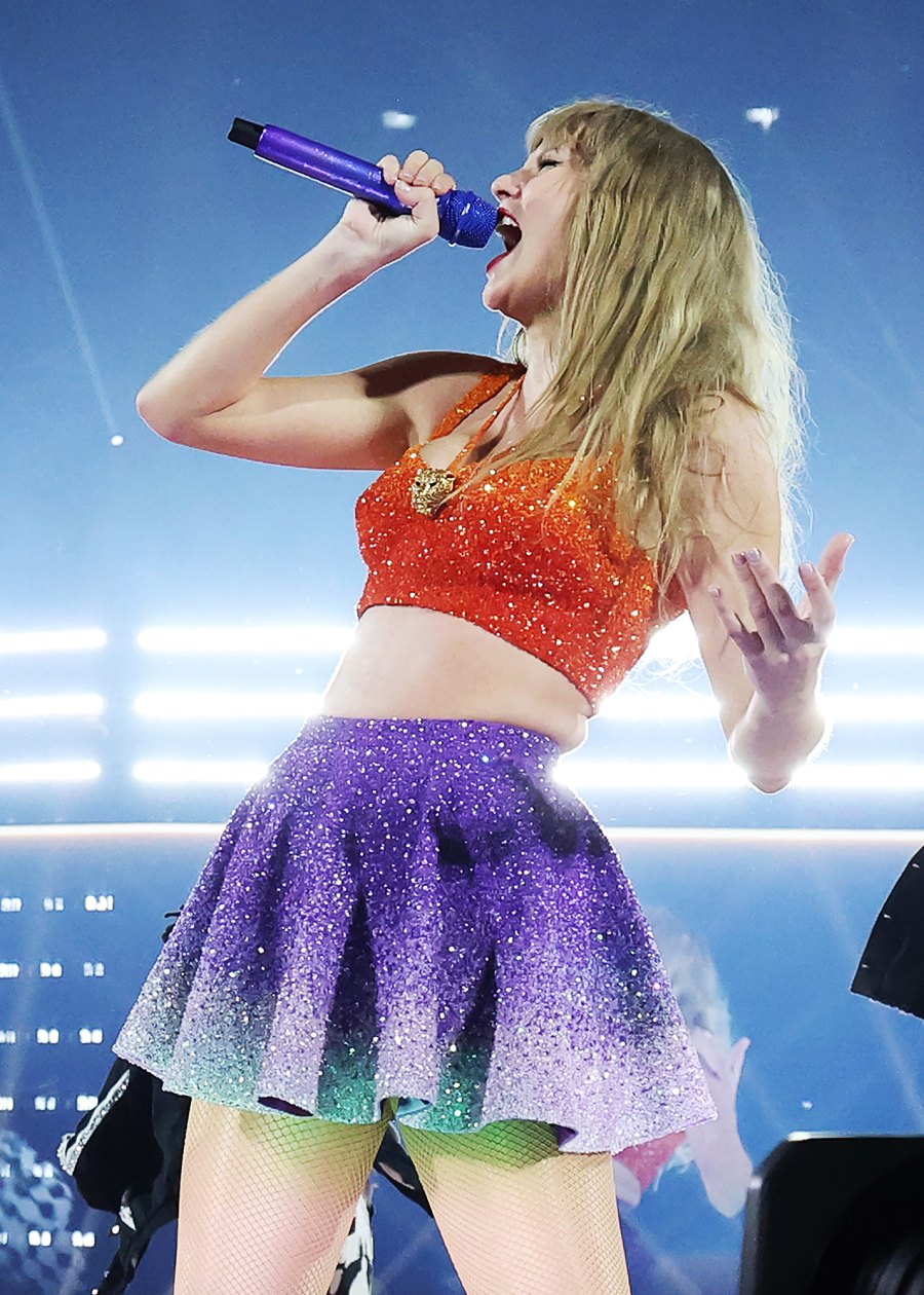 <p>For her second show in Paris, Swift once again wore <a href="https://www.usmagazine.com/stylish/news/taylor-swift-wears-different-color-shoes-in-1989-eras-tour-set/">a mismatched 1989 two-piece</a> but this time in orange and purple.</p>