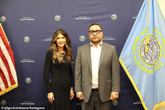  Kristi Noem has been banned from entering the land of six South Dakota tribes, including the Sisseton-Wahpeton Oyate tribe, pictured with the tribe's Chairman J. Garrett Renville in February
