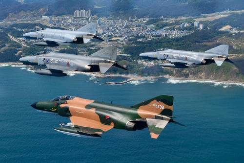 F-4 Phantom II aircraft stage a commemorative flight above the east coast on May 9, 2024, in this photo provided by the Air Force on May 12. (PHOTO NOT FOR SALE) (Yonhap)