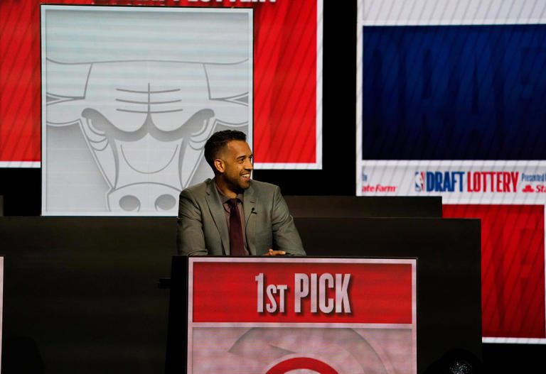 May 12, 2024; Chicago, IL, USA; Atlanta Hawks general manager Landry Fields reacts after getting the number one pick in the 2024 NBA Draft Lottery at McCormick Place West.