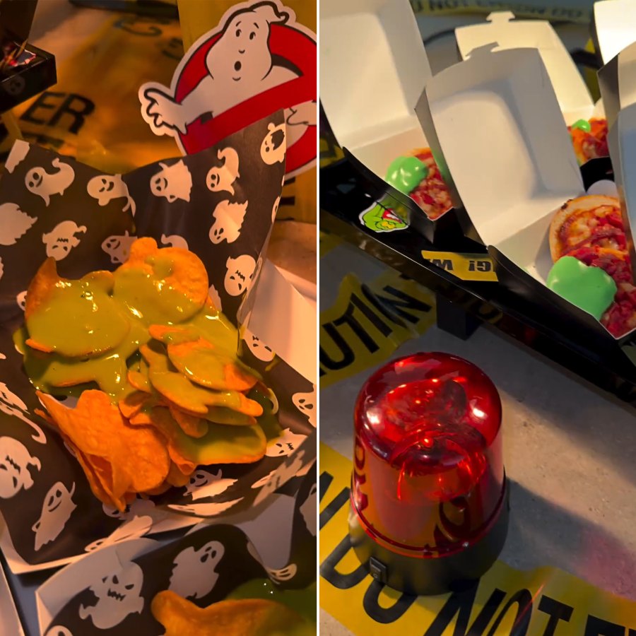 <p>Kardashian showed off the spooky food options, including nachos with green cheese and pizza with green goo oozing between slices. French fries were also placed in cups that had the <em>Ghostbusters</em> logo.</p>