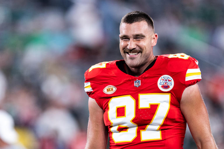 Travis Kelce #87 of the Kansas City Chiefs at MetLife Stadium on October 1, 2023, in East Rutherford, New Jersey. Kelce spotted a man in the crowd of Taylor Swift's "Eras Tour" wearing his jersey.