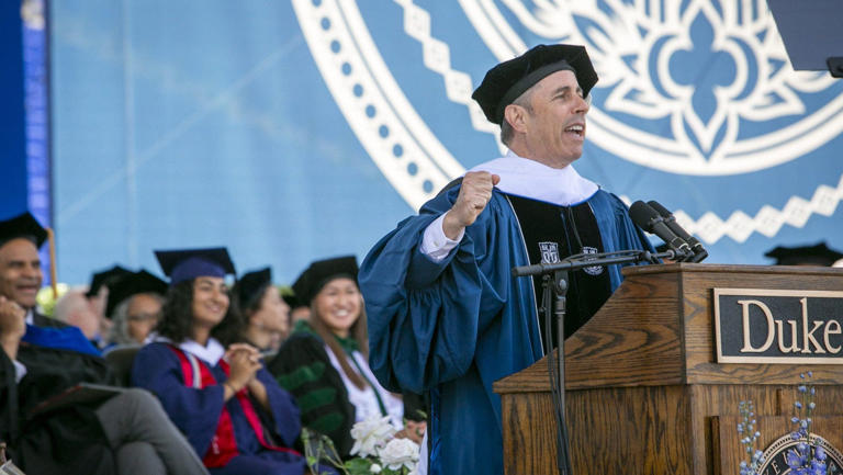 In this photo provided by Duke University, commencement speaker Jerry Seinfeld speaks during the school's graduation ceremony, Sunday, May 12, 2024, in Durham, N.C. A tiny contingent of graduates opposed the pro-Israel comedian speaking at their commencement Sunday, with about 30 of the 7,000 students leaving their seats and chanting "Free Palestine!" amid a mix of boos and cheers. AP Newsroom
