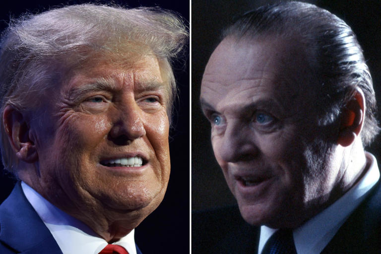 Donald Trump speaks at the Turning Point Action on July 15, 2023, in West Palm Beach, Florida, and Anthony Hopkins playing Hannibal Lecter in the 2001 movie Hannibal. A Trump supporter claimed "liberals" were showing "faux outrage" over comments Trump were said to have made at a rally in New Jersey about the fictional cannibal.