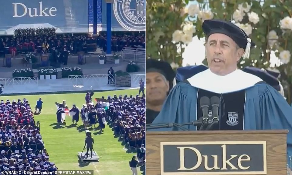 Duke University has issued a statement after dozens of pro-Palestine students staged a protest during Jerry Seinfeld's graduation ceremony speech. Jewish comedian Seinfeld, 70, was met with a a mix of cheers and boos before flag-waving students marched out of the Wallace Wade Stadium event on Sunday. They were opposed to Seinfeld appearing due to his pro-Israel views. The North Carolina university issued a statement to DailyMail.com in the aftermath.