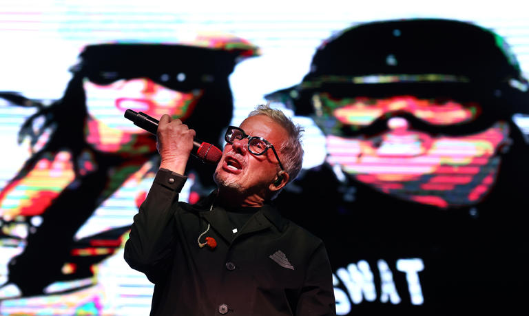 Mark Mothersbaugh leads Devo during a performance at the Riviera Theatre in Chicago on Saturday, May 11, 2024.