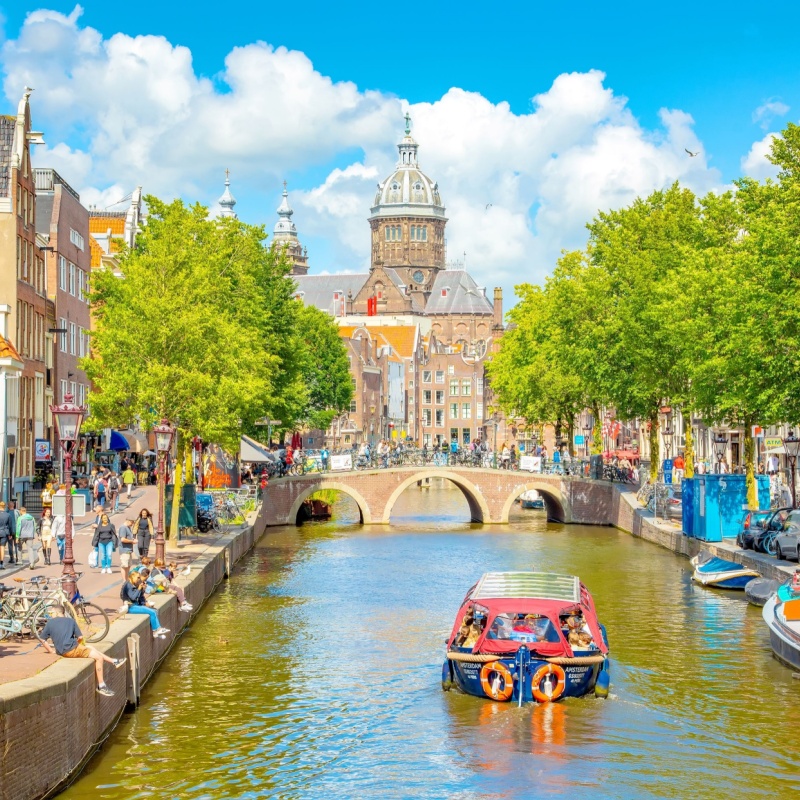 Scenic view of Amsterdam city centre and water canal 
