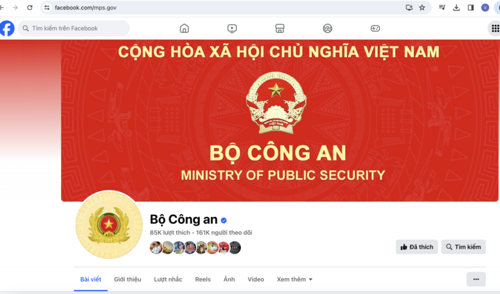 Trang thông tin Bộ Công an trên nền tảng Facebook.