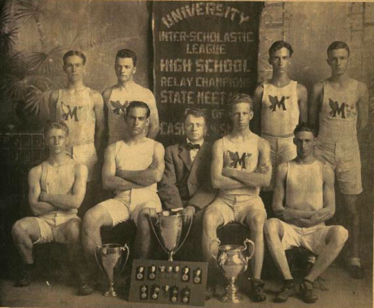 Rupert Robertson stands in the upper right of this photo with his state championship Marlin High School track team in 1914.