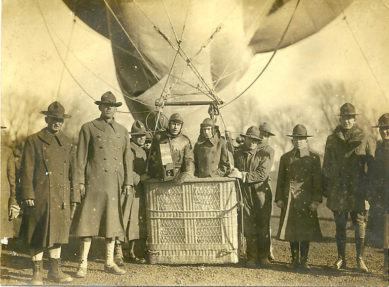 Rupert Cook Robertson in a Army balloon aircraft in 1917 or 1918. Originally from Kosse and Marlin, Texas, Robertson was a track star at the University of Texas. A box of his memorabilia was preserved by his son, Jack Robertson, a retired UT professor, and contents were donated to the Lutcher Stark Center for Physical Culture and Sports.