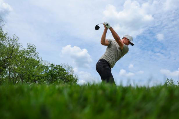 LOUISVILLE, KENTUCKY - MAY 13: Ludvig Aberg of Sweden plays his tee shot during a practice round prior to the 2024 PGA Championship at Valhalla Golf Club on May 13, 2024 in Louisville, Kentucky. (Photo by Michael Reaves/Getty Images)