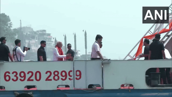 Prime Minister Narendra Modi boards a cruise ship at Dasaswamedh Ghat (Photo/ANI)