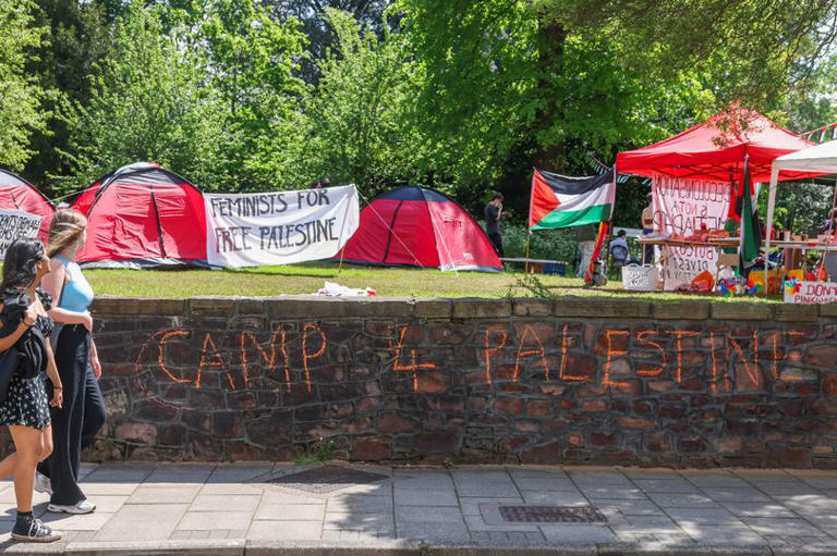 Royal Fort Garden at Bristol University which is still occupied by a student protest camp, Thursday 9 May 2024, against Israel's war on Gaza and the universities links with Israel and companies who profit from the war.