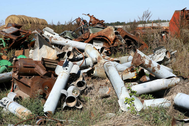 Fragments of Russian shells piled at a farm in the Chernihiv region of northern Ukraine. 