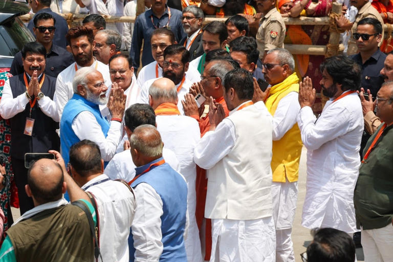 Prime Minister Narendra Modi with NDA allies before filing of nomination paper in Varanasi.