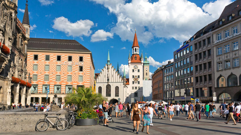 Munich's bustling main square, Marienplatz, is a lively pedestrian zone of sights, shopping, and restaurants.
