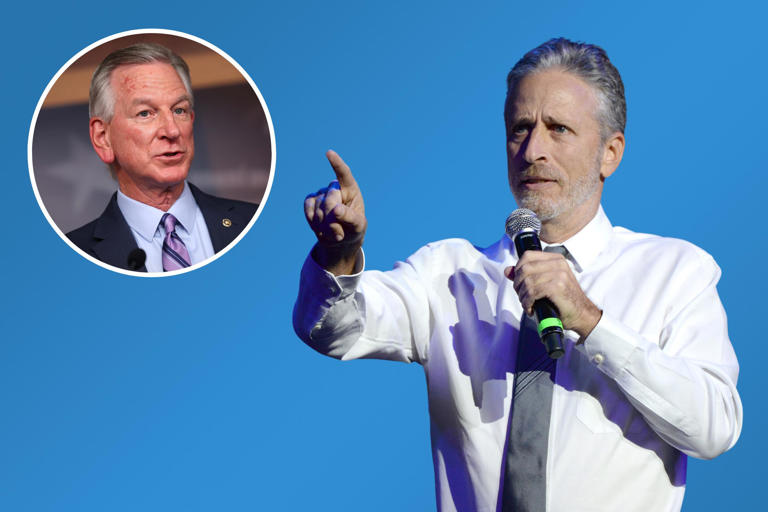Main: Jon Stewart performs on stage as The New York Comedy Festival on November 1, 2016 in New York City. Inset: Tommy Tuberville, Alabama Senator, speaks at a press conference on student loans at the U.S. Capitol on June 14, 2023 in Washington, DC.