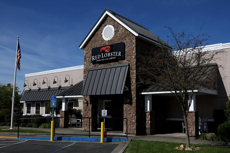 A sign is posted on the exterior of a Red Lobster restaurant on April 17, 2024 in Rohnert Park, California.