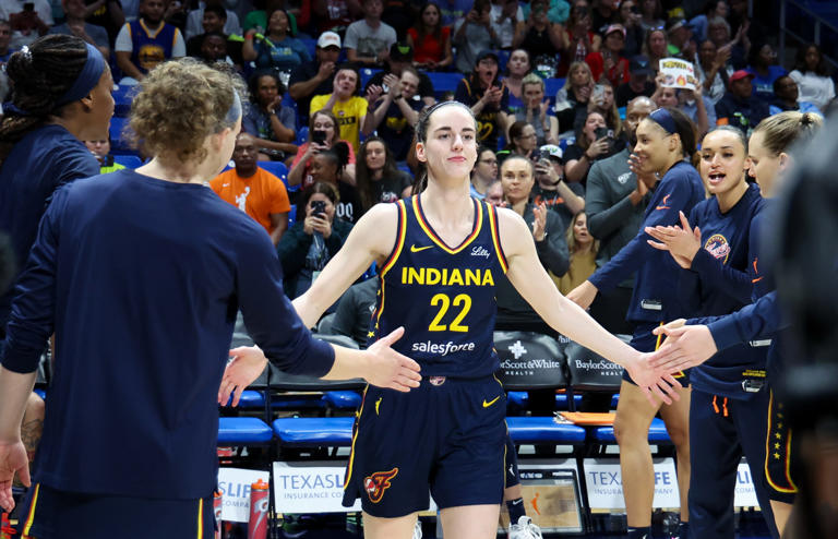 May 3, 2024; Dallas, Texas, USA; Indiana Fever guard Caitlin Clark (22) during pregame introduction before the game against the Dallas Wings at College Park Center. Mandatory Credit: Kevin Jairaj-USA TODAY Sports ORG XMIT: IMAGN-877846 ORIG FILE ID: 20240503_krj_aj6_00182.JPG